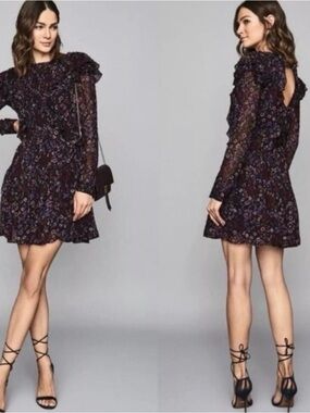 Reiss Carey Flora Ruffle Long-Sleeve Dress
